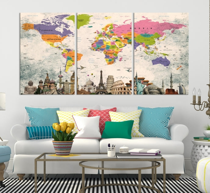 Classic World Map Canvas Print Wonder of World Poster Push Pin Map Wall Art