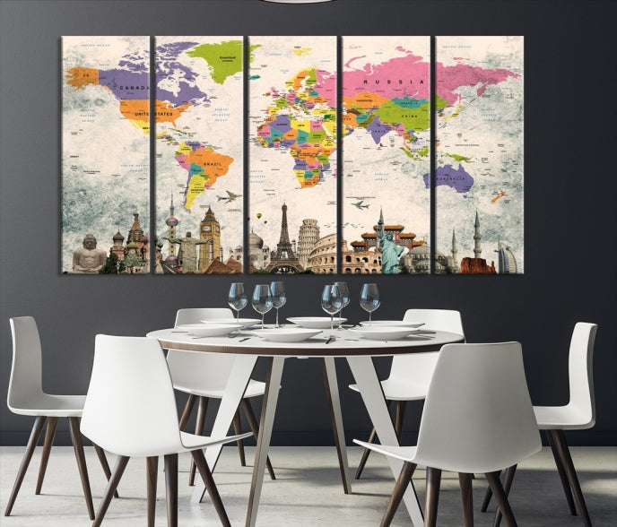 Classic World Map Canvas Print Wonder of World Poster Push Pin Map Wall Art