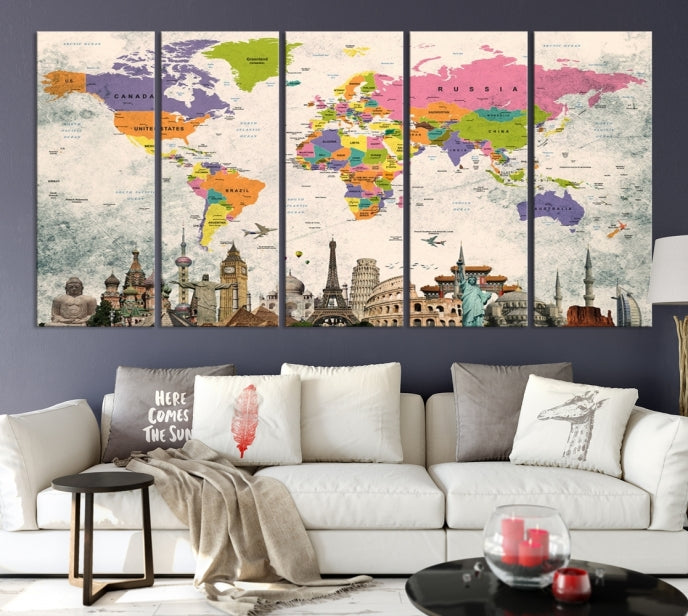 Classic World Map Canvas Print Wonder of World Poster Push Pin Map Wall Art