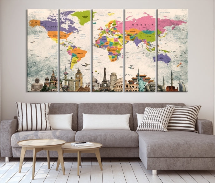 Classic World Map Canvas Print Wonder of World Poster Push Pin Map Wall Art