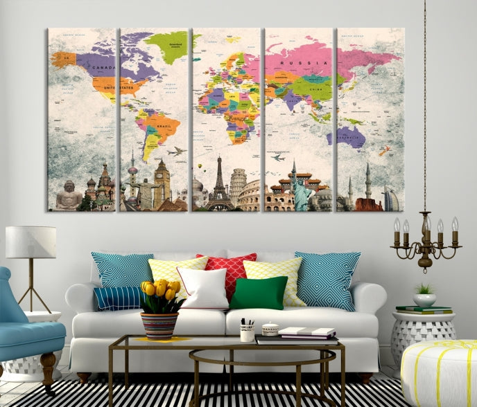 Classic World Map Canvas Print Wonder of World Poster Push Pin Map Wall Art