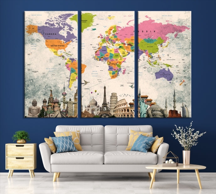 Classic World Map Canvas Print Wonder of World Poster Push Pin Map Wall Art