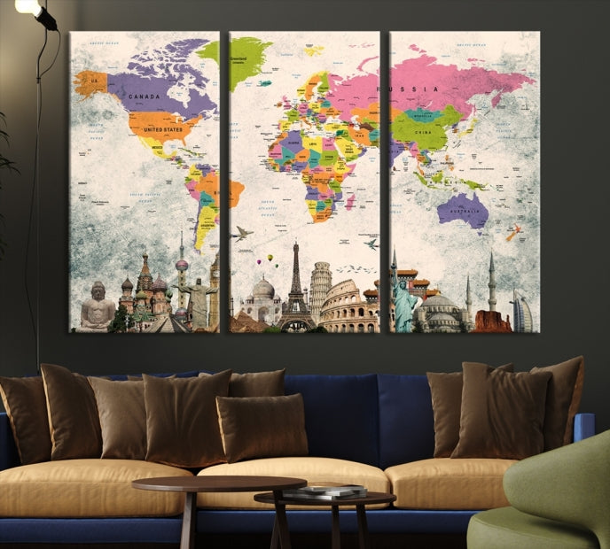 Classic World Map Canvas Print Wonder of World Poster Push Pin Map Wall Art