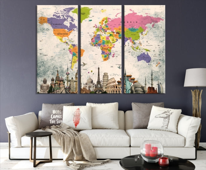 Classic World Map Canvas Print Wonder of World Poster Push Pin Map Wall Art