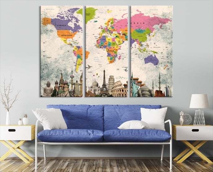 Classic World Map Canvas Print Wonder of World Poster Push Pin Map Wall Art