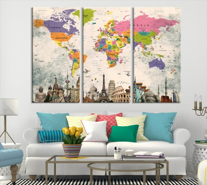 Classic World Map Canvas Print Wonder of World Poster Push Pin Map Wall Art