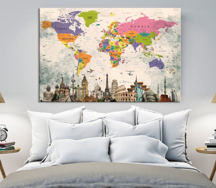 Classic World Map Canvas Print Wonder of World Poster Push Pin Map Wall Art