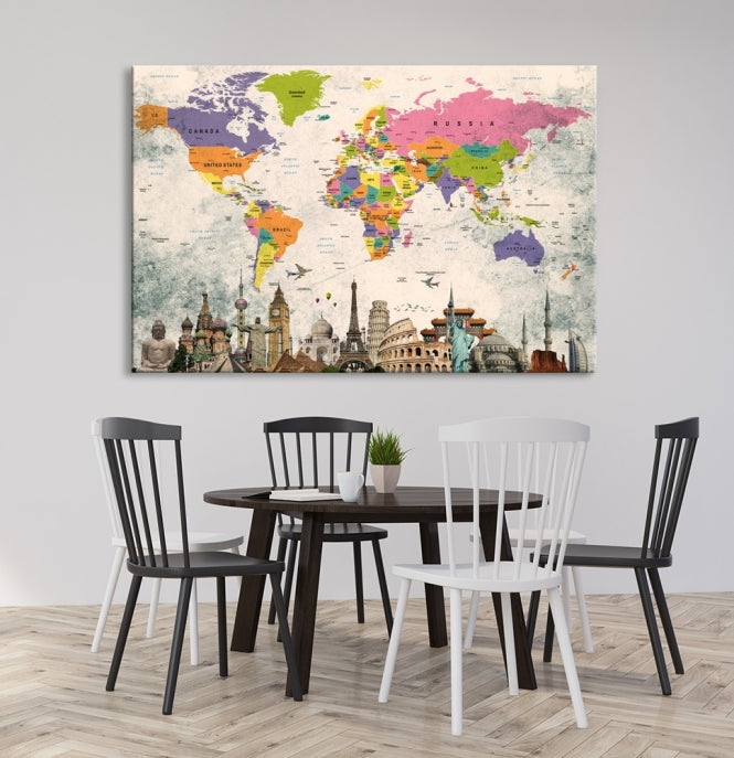 Classic World Map Canvas Print Wonder of World Poster Push Pin Map Wall Art