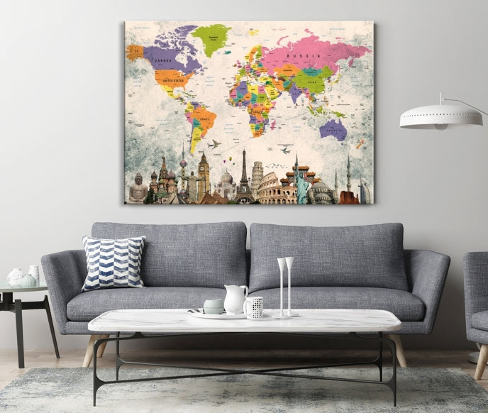 Classic World Map Canvas Print Wonder of World Poster Push Pin Map Wall Art