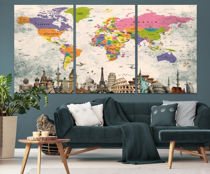 Classic World Map Canvas Print Wonder of World Poster Push Pin Map Wall Art