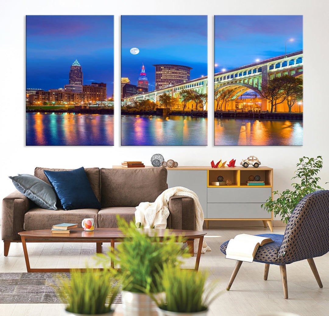 Cleveland Night Skyline Wall Art Cityscape Canvas Print Framed