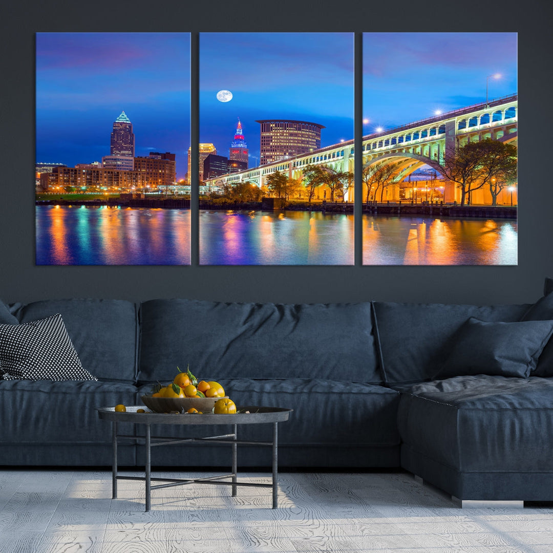 Cleveland Night Skyline Wall Art Cityscape Canvas Print Framed