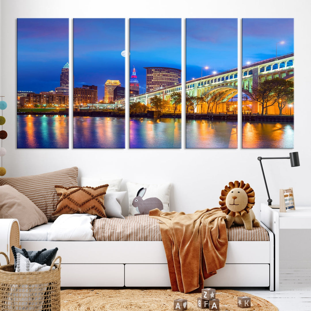 Cleveland Night Skyline Wall Art Cityscape Canvas Print Framed