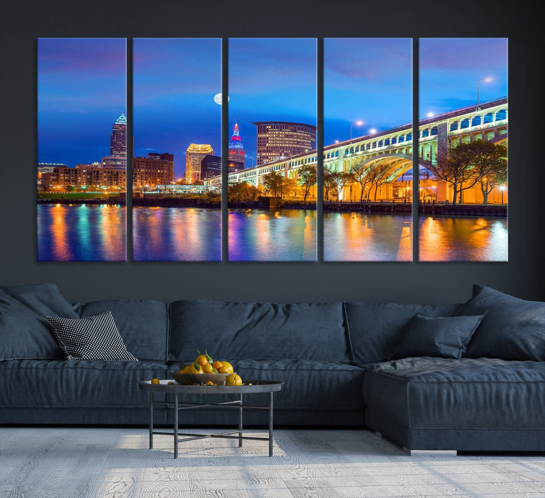 Cleveland Night Skyline Wall Art Cityscape Canvas Print Framed