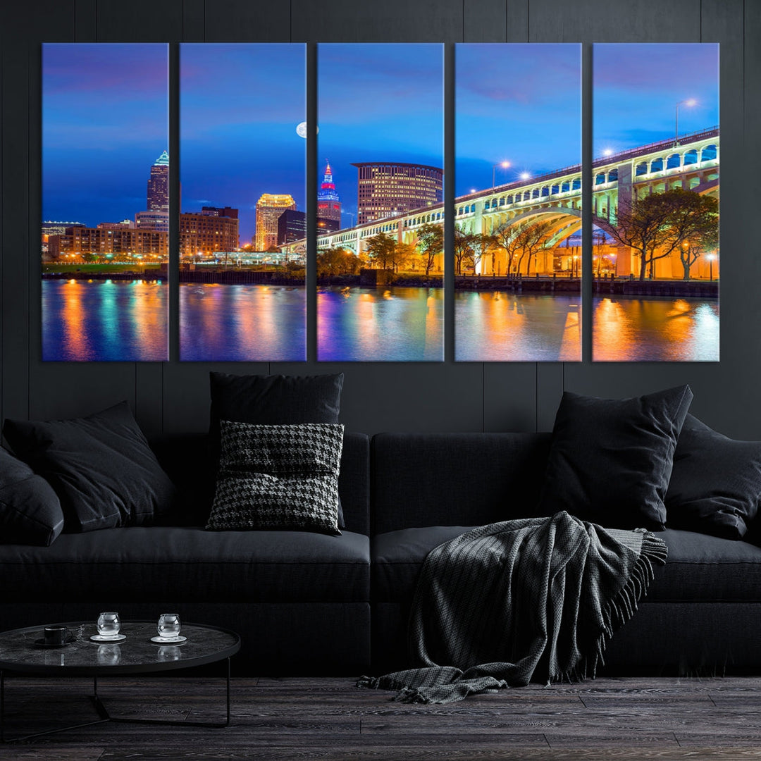 Cleveland Night Skyline Wall Art Cityscape Canvas Print Framed