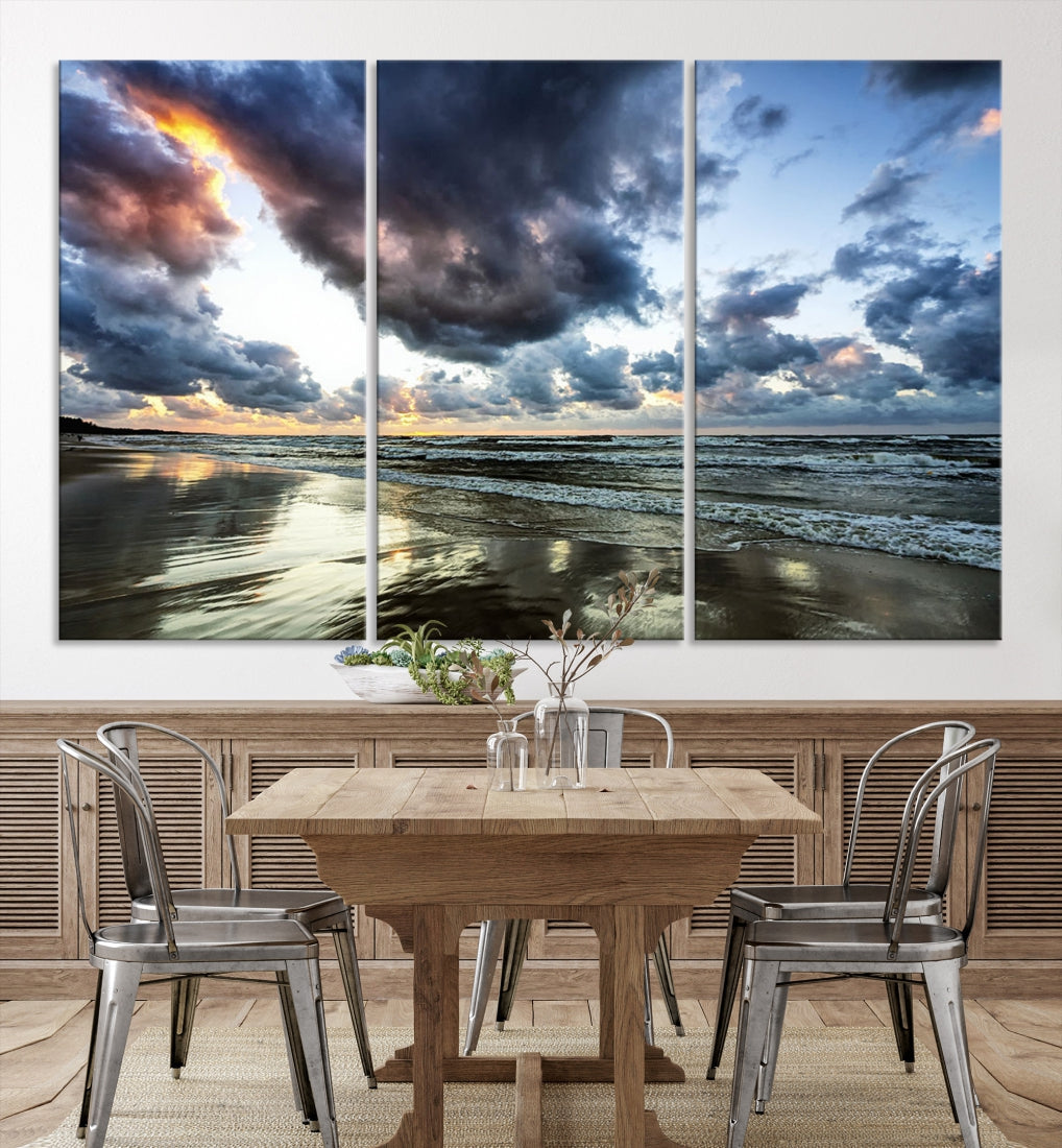 Cloudy Sky Calm Ocean Beach Nature Large Framed Canvas Art Print