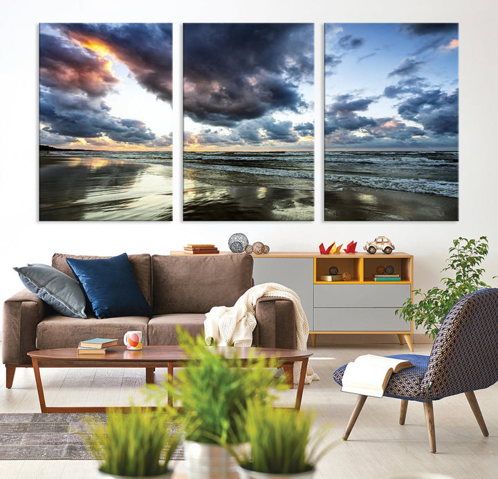 Cloudy Sky Calm Ocean Beach Nature Large Framed Canvas Art Print