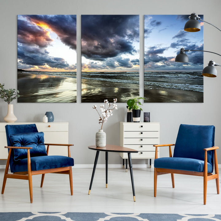 Cloudy Sky Calm Ocean Beach Nature Large Framed Canvas Art Print