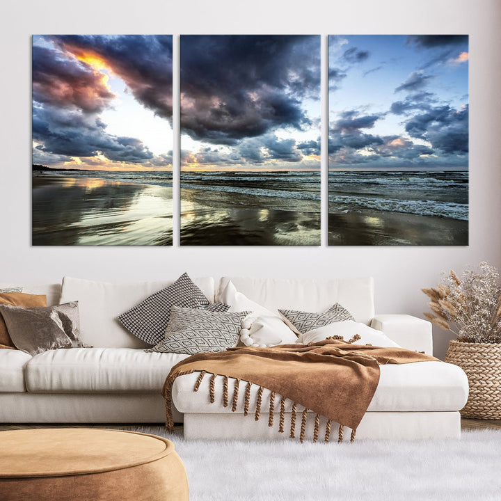 Cloudy Sky Calm Ocean Beach Nature Large Framed Canvas Art Print