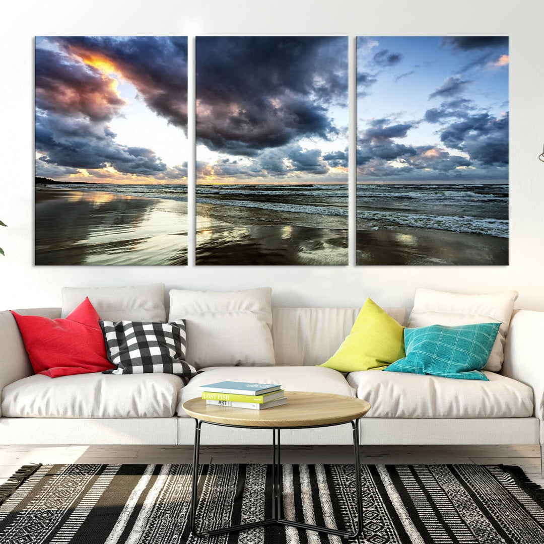 Cloudy Sky Calm Ocean Beach Nature Large Framed Canvas Art Print