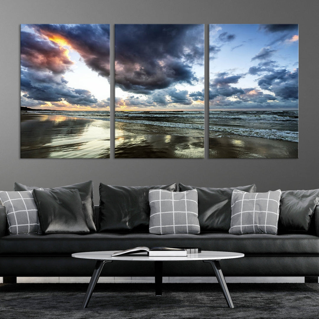 Cloudy Sky Calm Ocean Beach Nature Large Framed Canvas Art Print