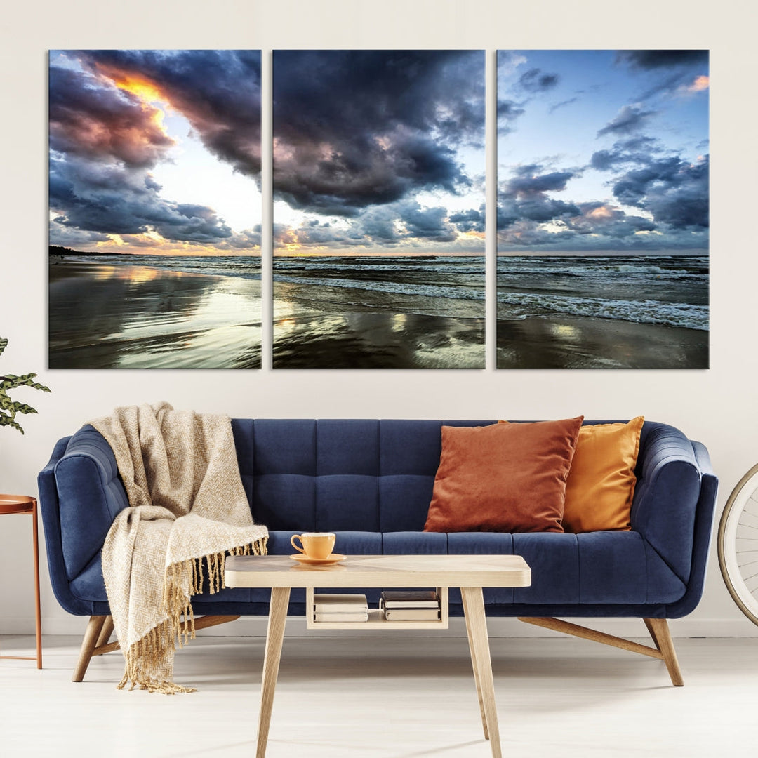 Cloudy Sky Calm Ocean Beach Nature Large Framed Canvas Art Print