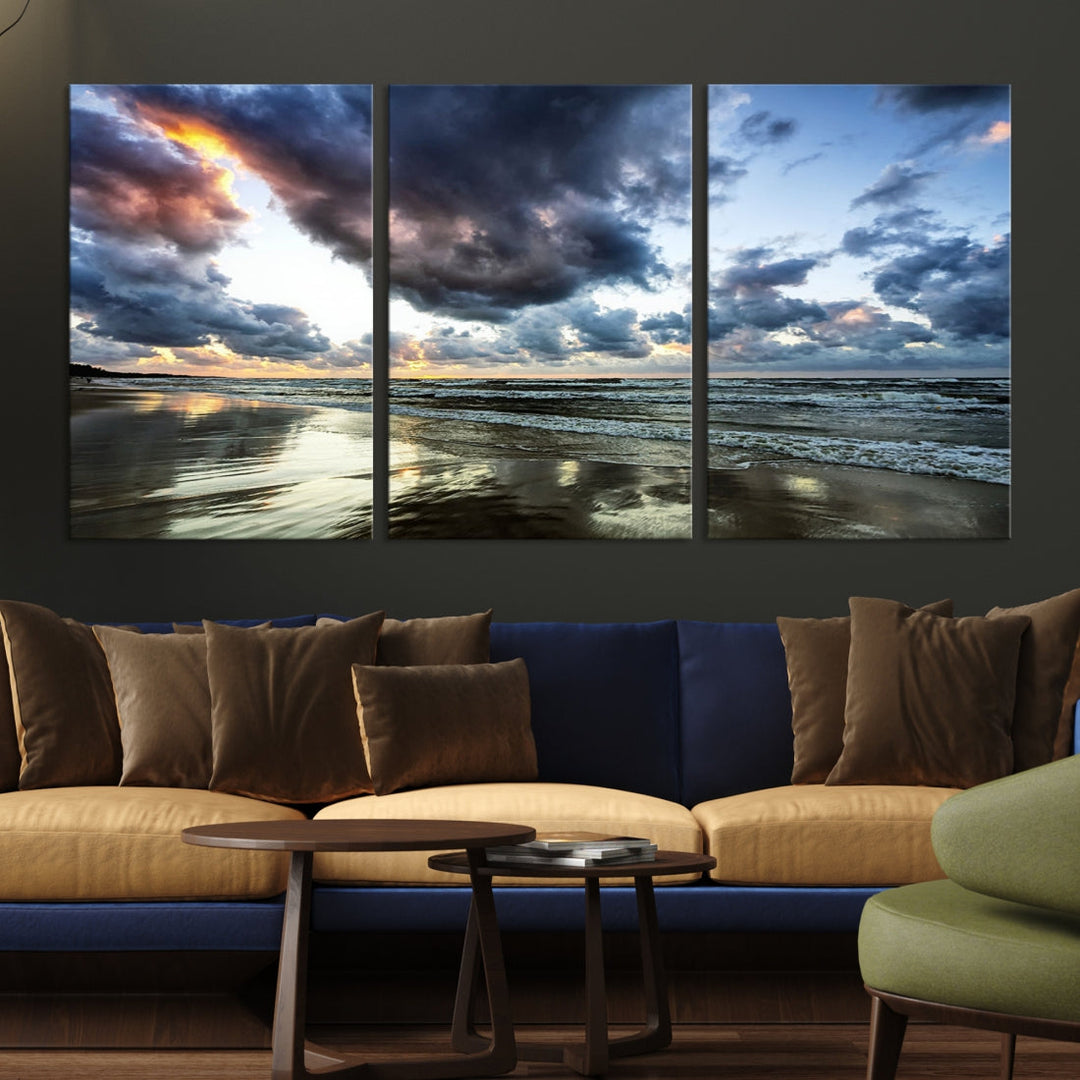 Cloudy Sky Calm Ocean Beach Nature Large Framed Canvas Art Print