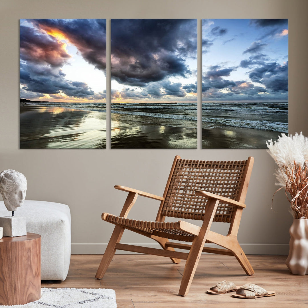 Cloudy Sky Calm Ocean Beach Nature Large Framed Canvas Art Print