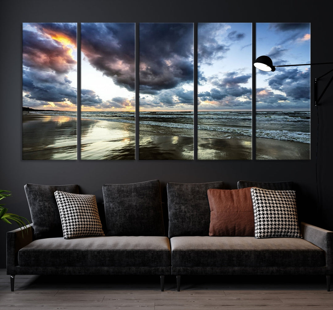 Cloudy Sky Calm Ocean Beach Nature Large Framed Canvas Art Print