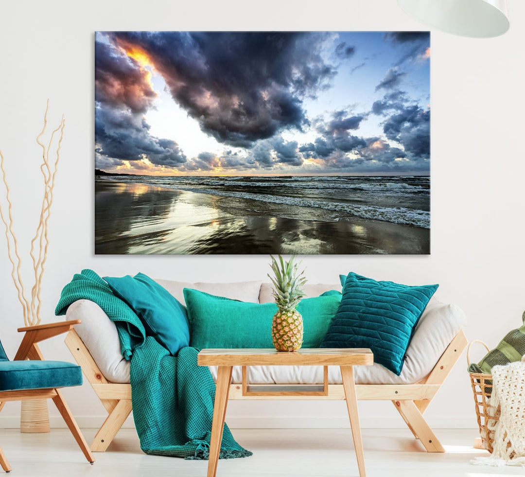 Cloudy Sky Calm Ocean Beach Nature Large Framed Canvas Art Print