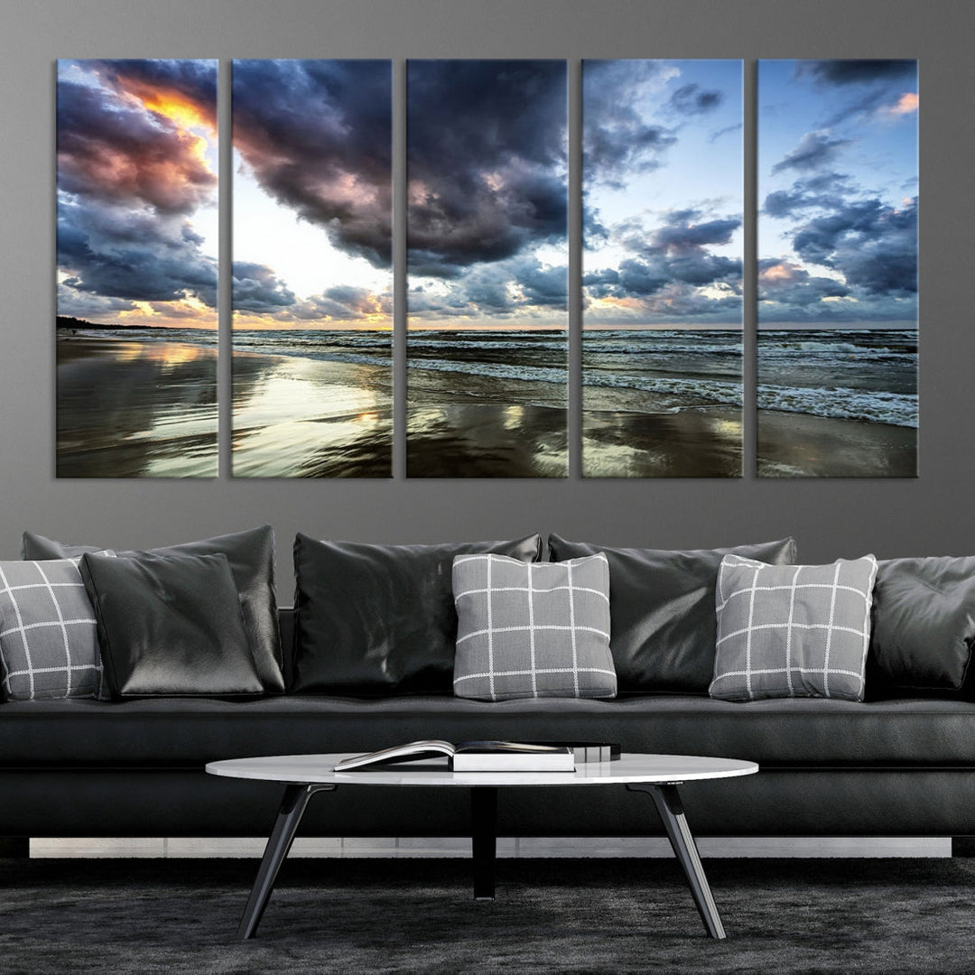 Cloudy Sky Calm Ocean Beach Nature Large Framed Canvas Art Print