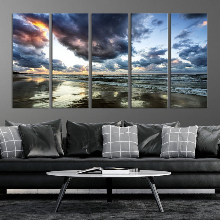 Cloudy Sky Calm Ocean Beach Nature Large Framed Canvas Art Print