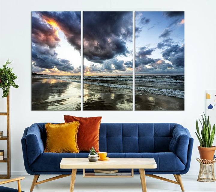 Cloudy Sky Calm Ocean Beach Nature Large Framed Canvas Art Print