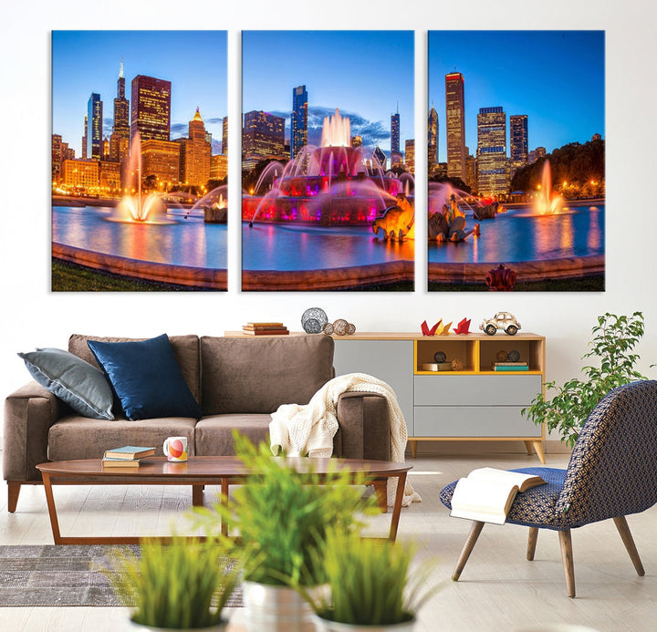 Colorful Chicago Night Skyline Cityscape View Large Wall Art Canvas Print