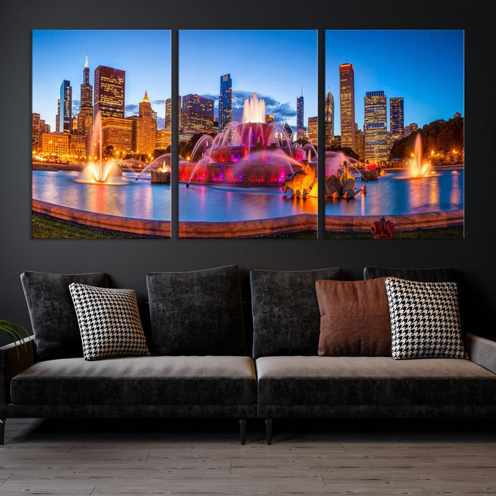 Colorful Chicago Night Skyline Cityscape View Large Wall Art Canvas Print