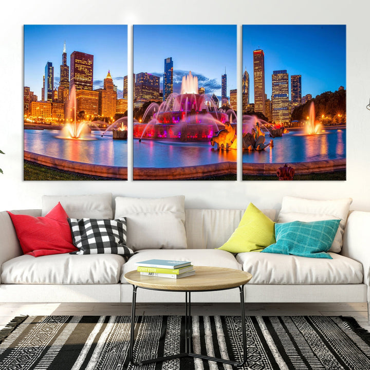 Colorful Chicago Night Skyline Cityscape View Large Wall Art Canvas Print