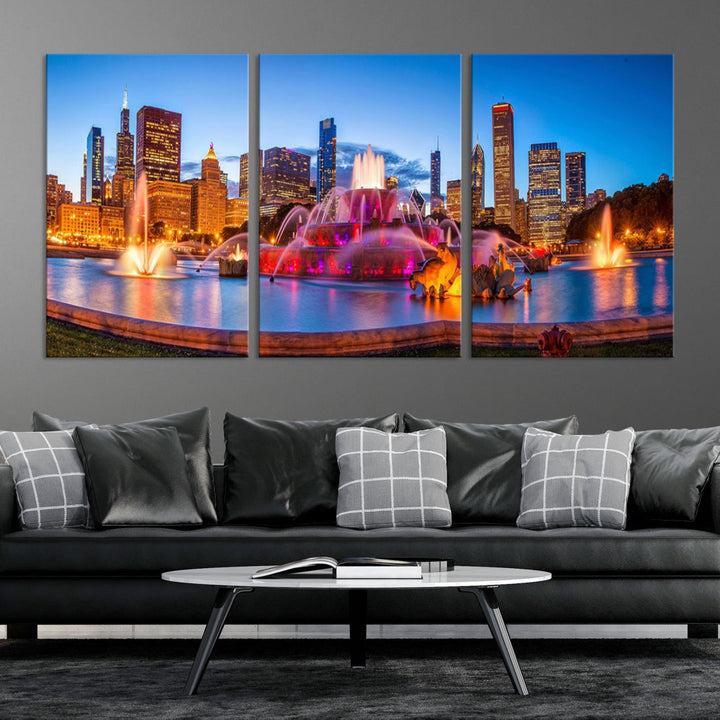 Colorful Chicago Night Skyline Cityscape View Large Wall Art Canvas Print