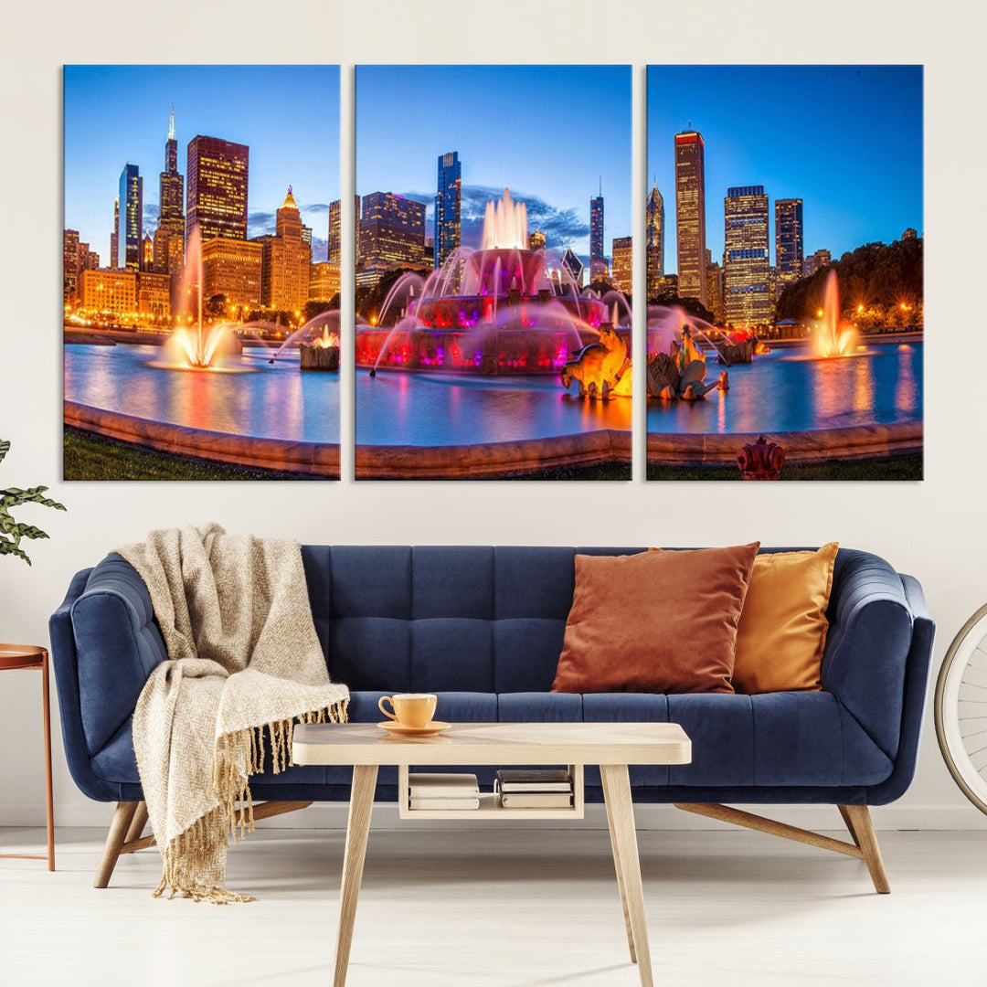 Colorful Chicago Night Skyline Cityscape View Large Wall Art Canvas Print