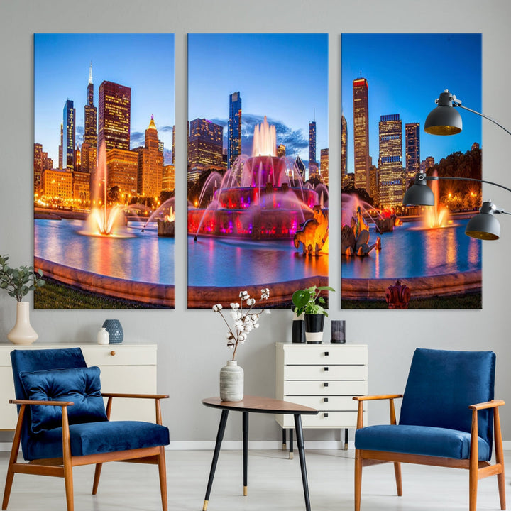 Colorful Chicago Night Skyline Cityscape View Large Wall Art Canvas Print