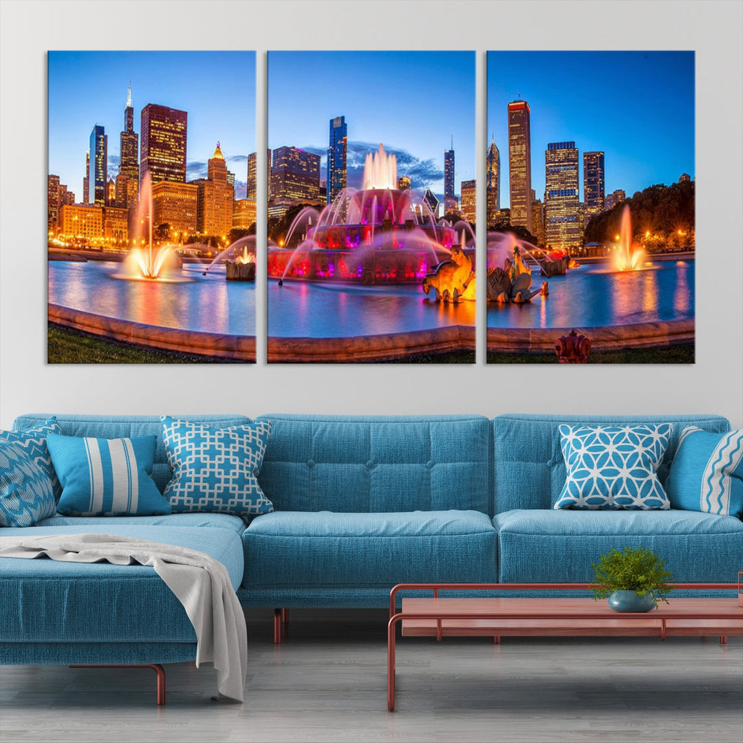 Colorful Chicago Night Skyline Cityscape View Large Wall Art Canvas Print