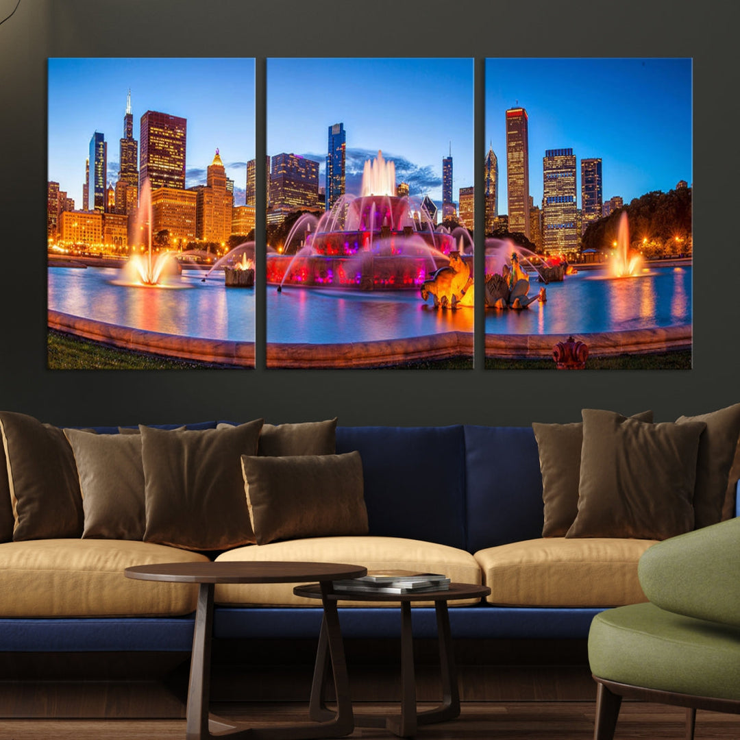 Colorful Chicago Night Skyline Cityscape View Large Wall Art Canvas Print