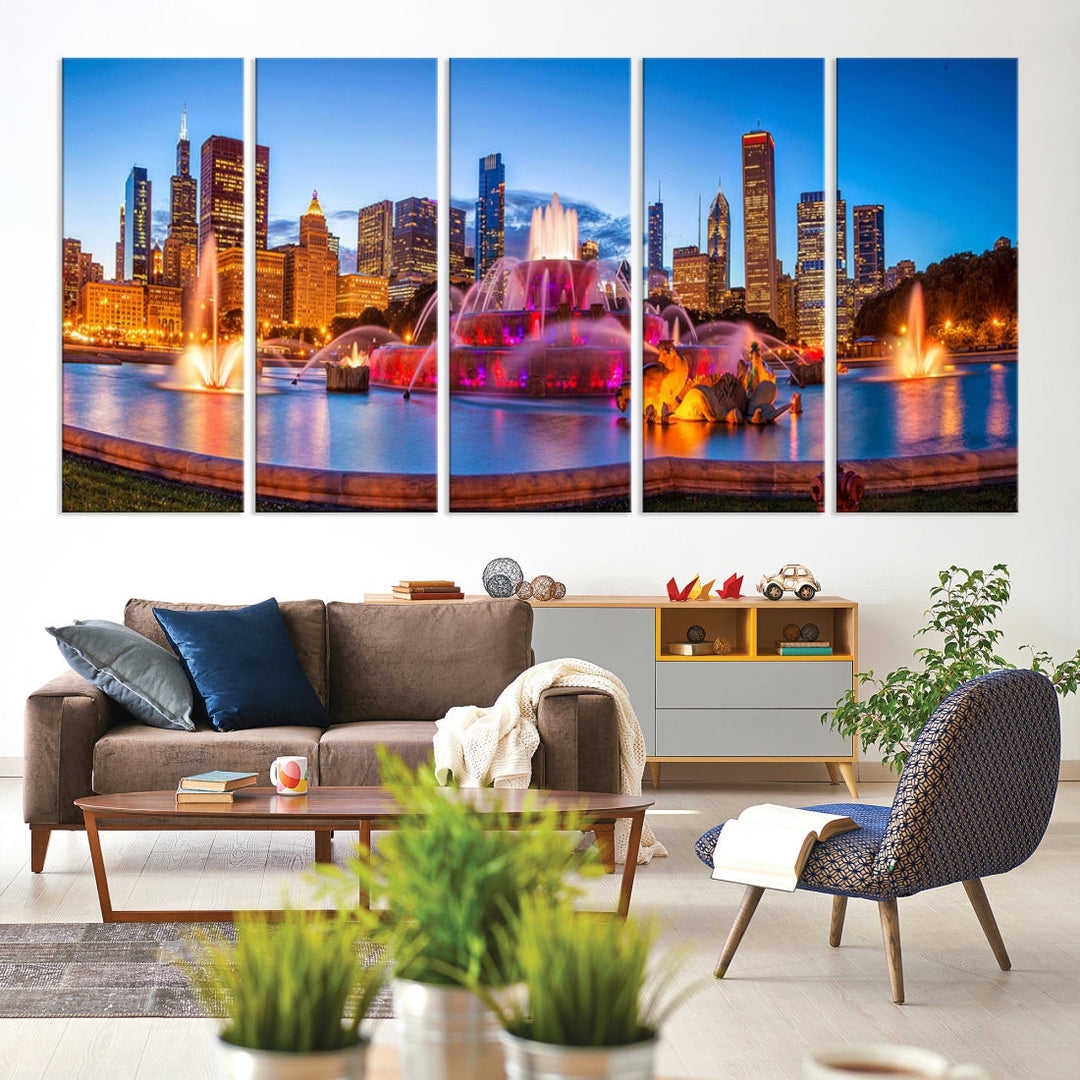 Colorful Chicago Night Skyline Cityscape View Large Wall Art Canvas Print