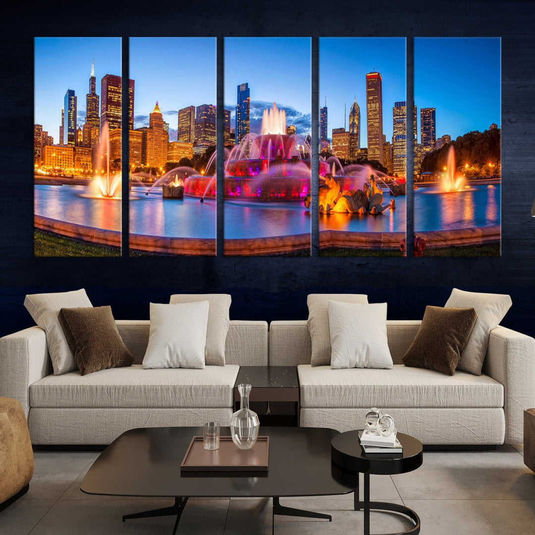 Colorful Chicago Night Skyline Cityscape View Large Wall Art Canvas Print