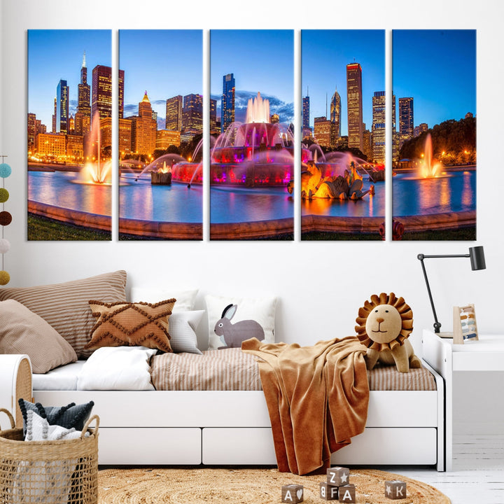 Colorful Chicago Night Skyline Cityscape View Large Wall Art Canvas Print