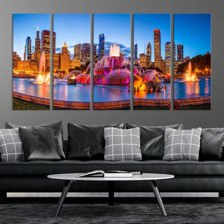 Colorful Chicago Night Skyline Cityscape View Large Wall Art Canvas Print