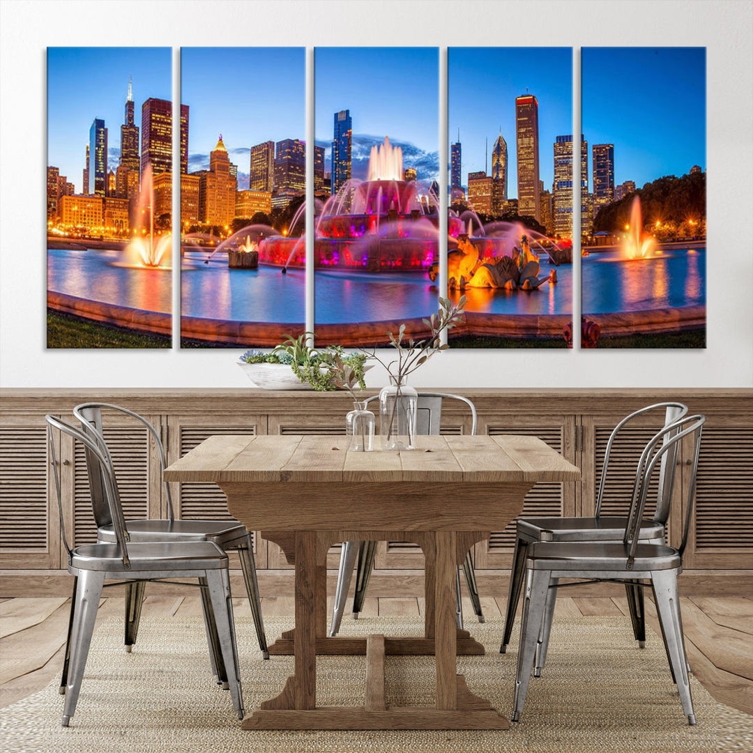 Colorful Chicago Night Skyline Cityscape View Large Wall Art Canvas Print