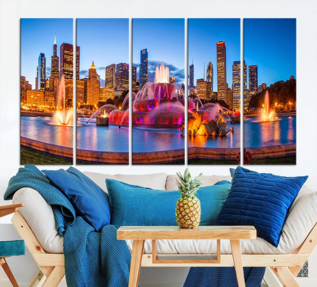 Colorful Chicago Night Skyline Cityscape View Large Wall Art Canvas Print