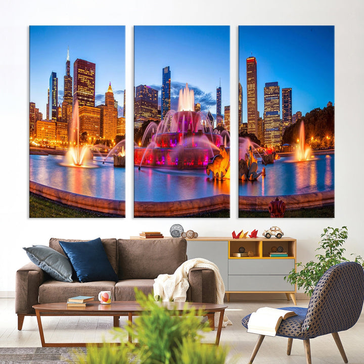 Colorful Chicago Night Skyline Cityscape View Large Wall Art Canvas Print