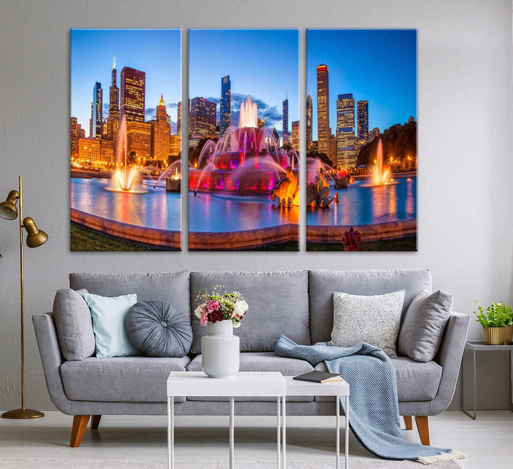 Colorful Chicago Night Skyline Cityscape View Large Wall Art Canvas Print