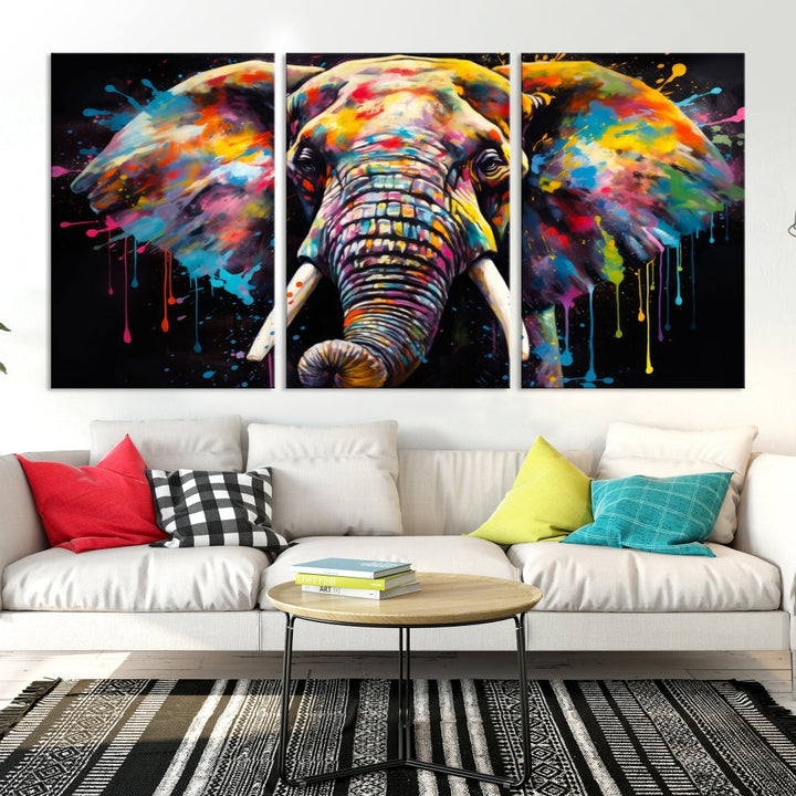 Colorful Elephant Print on Black Background Large Canvas Wall Art Print